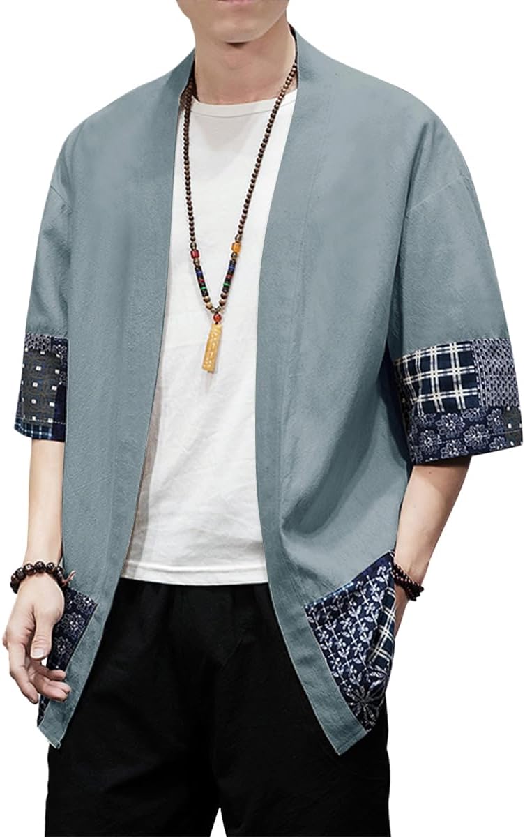 PRIJOUHE Men's Kimono Jackets Cardigan Lightweight Casual Cotton Blends Linen Seven Sleeves Open Front Coat Outwear