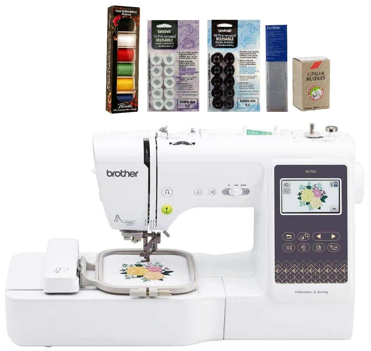 Brother SE700 Sewing and Embroidery Machine, Wireless LAN Connected, 135 Built-in Designs, 103 Built-in Stitches, Computerized, 4" x 4" Hoop Area, 3.7" Touchscreen Display, 8 Included Feet, White