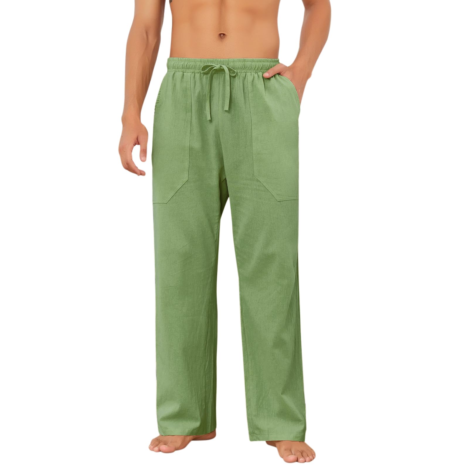 Puimentiua Cotton Linen Pants Men Casual Loose Fit Elastic Drawstring Waist Summer Beach Pants