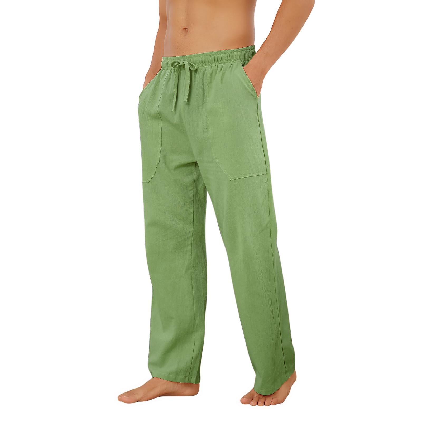 Puimentiua Cotton Linen Pants Men Casual Loose Fit Elastic Drawstring Waist Summer Beach Pants
