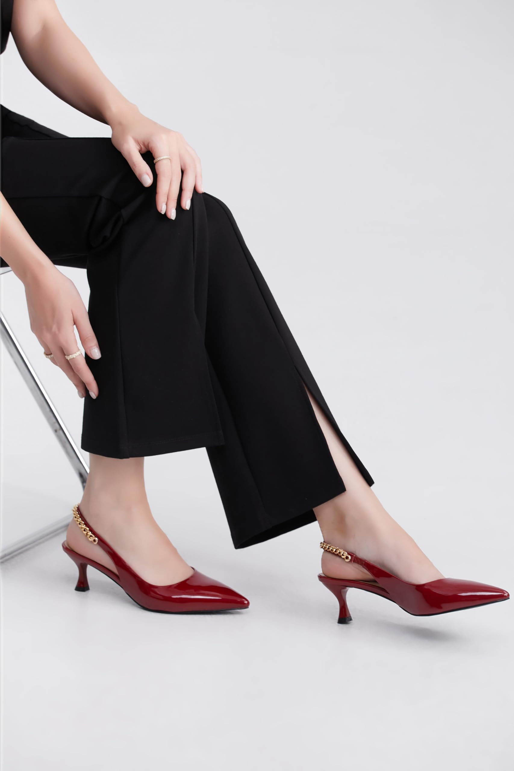 iiimmu Women's Stiletto Heels Closed Pointed Toe 4 in Heels for Women Patent Leather Pumps with Chain Wedding Party Dress Prom Heels Slingback Pumps