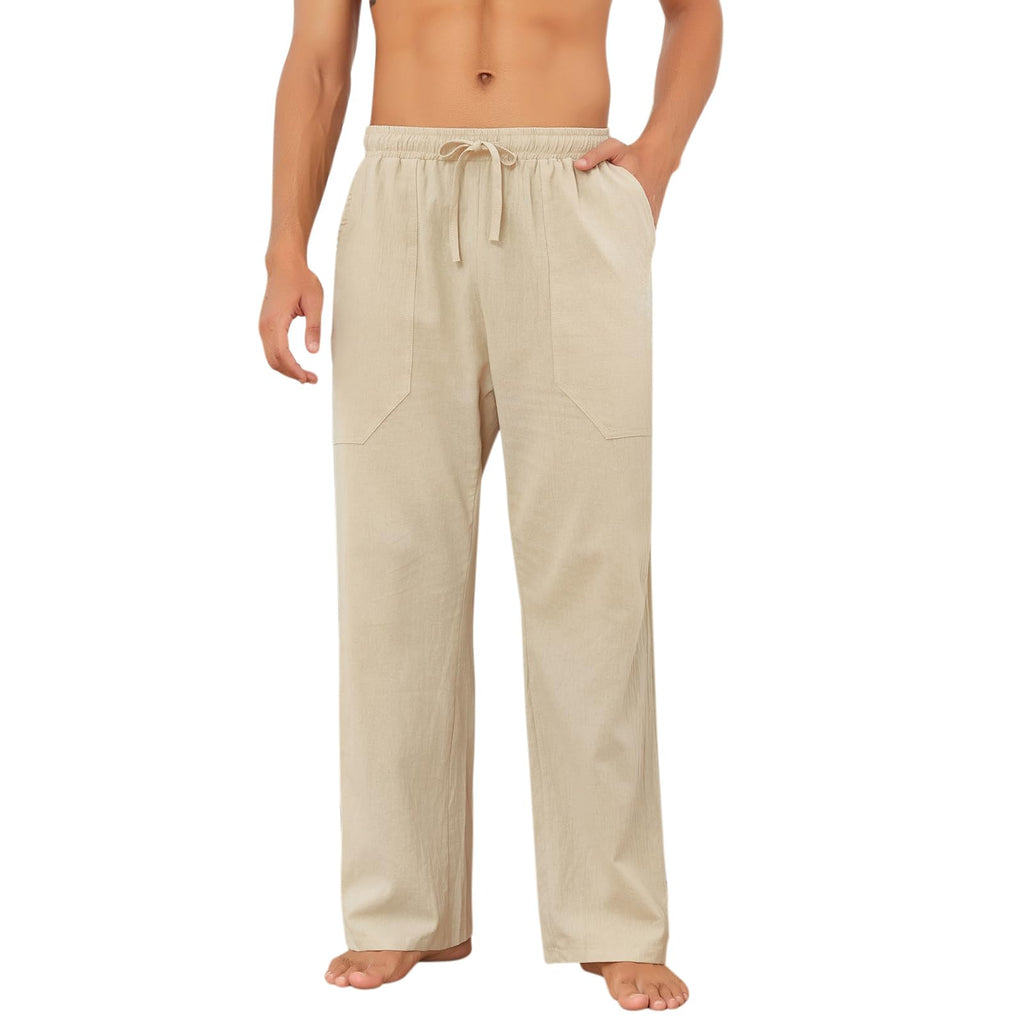 Puimentiua Cotton Linen Pants Men Casual Loose Fit Elastic Drawstring Waist Summer Beach Pants