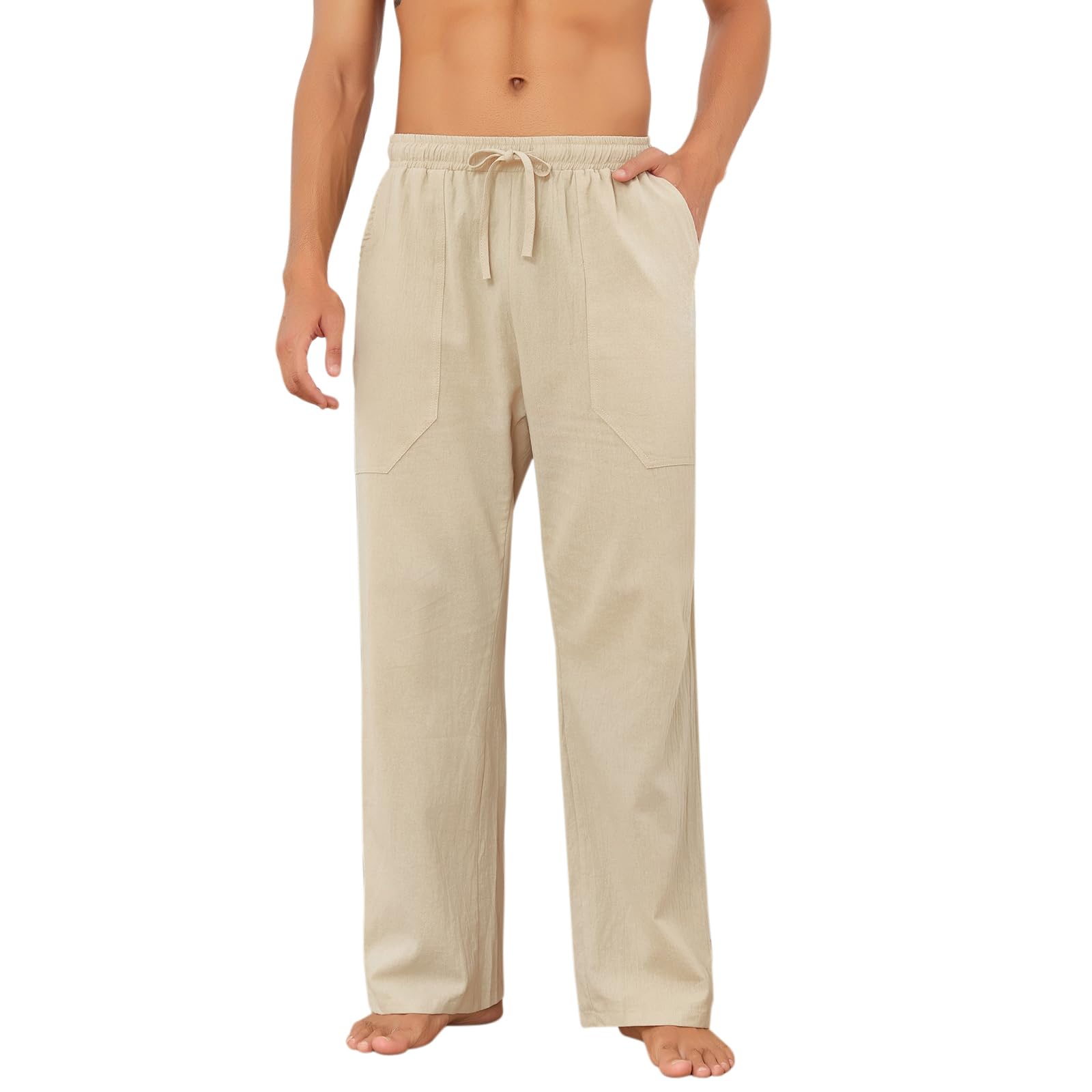 Puimentiua Cotton Linen Pants Men Casual Loose Fit Elastic Drawstring Waist Summer Beach Pants