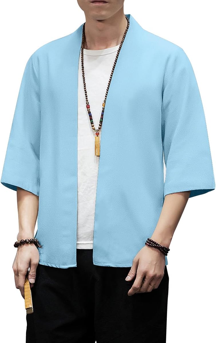PRIJOUHE Men's Kimono Jackets Cardigan Lightweight Casual Cotton Blends Linen Seven Sleeves Open Front Coat Outwear