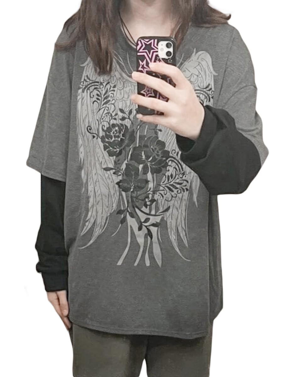Goth Shirt Gothic Shirt Fake Two-Piece Alternative Clothing Goth Long Sleeve Top Grunge Clothes