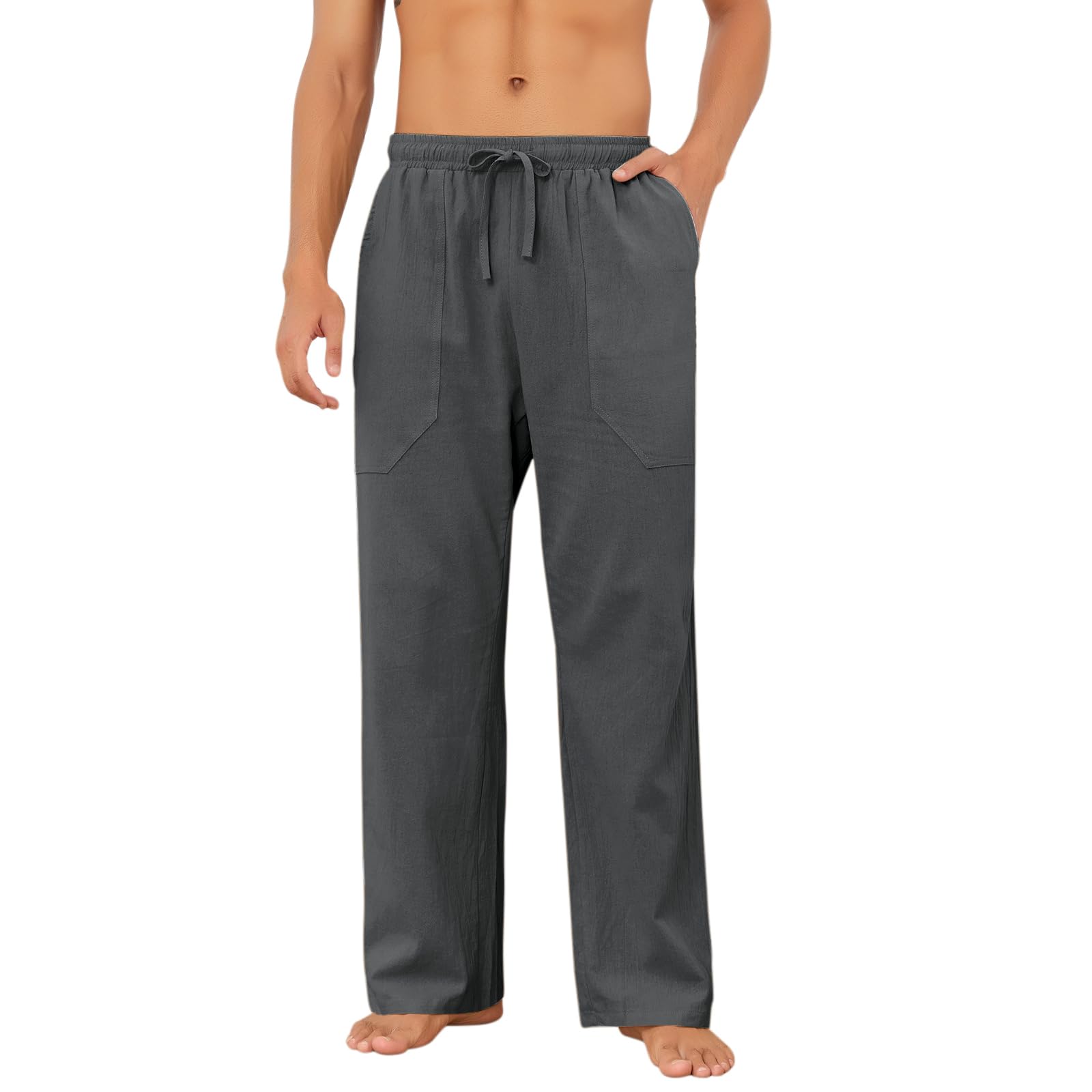 Puimentiua Cotton Linen Pants Men Casual Loose Fit Elastic Drawstring Waist Summer Beach Pants