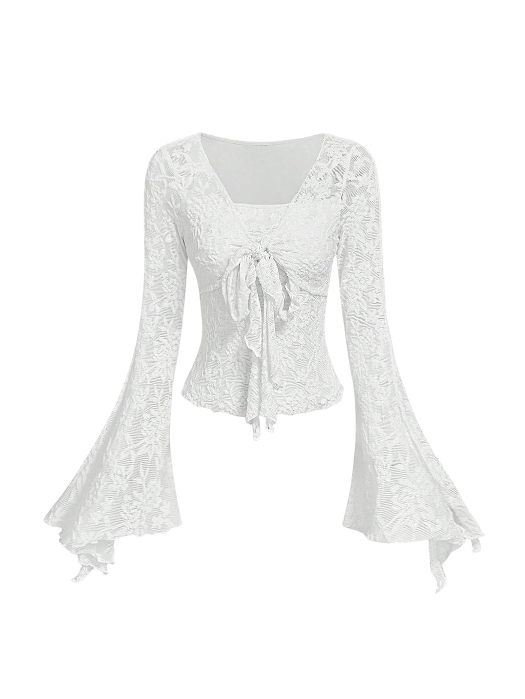 Verdusa Women's Y2K Tie Front Tops Bell Sleeve Floral Print Mesh Tops Long Sleeve Shirts 2000s Clothing