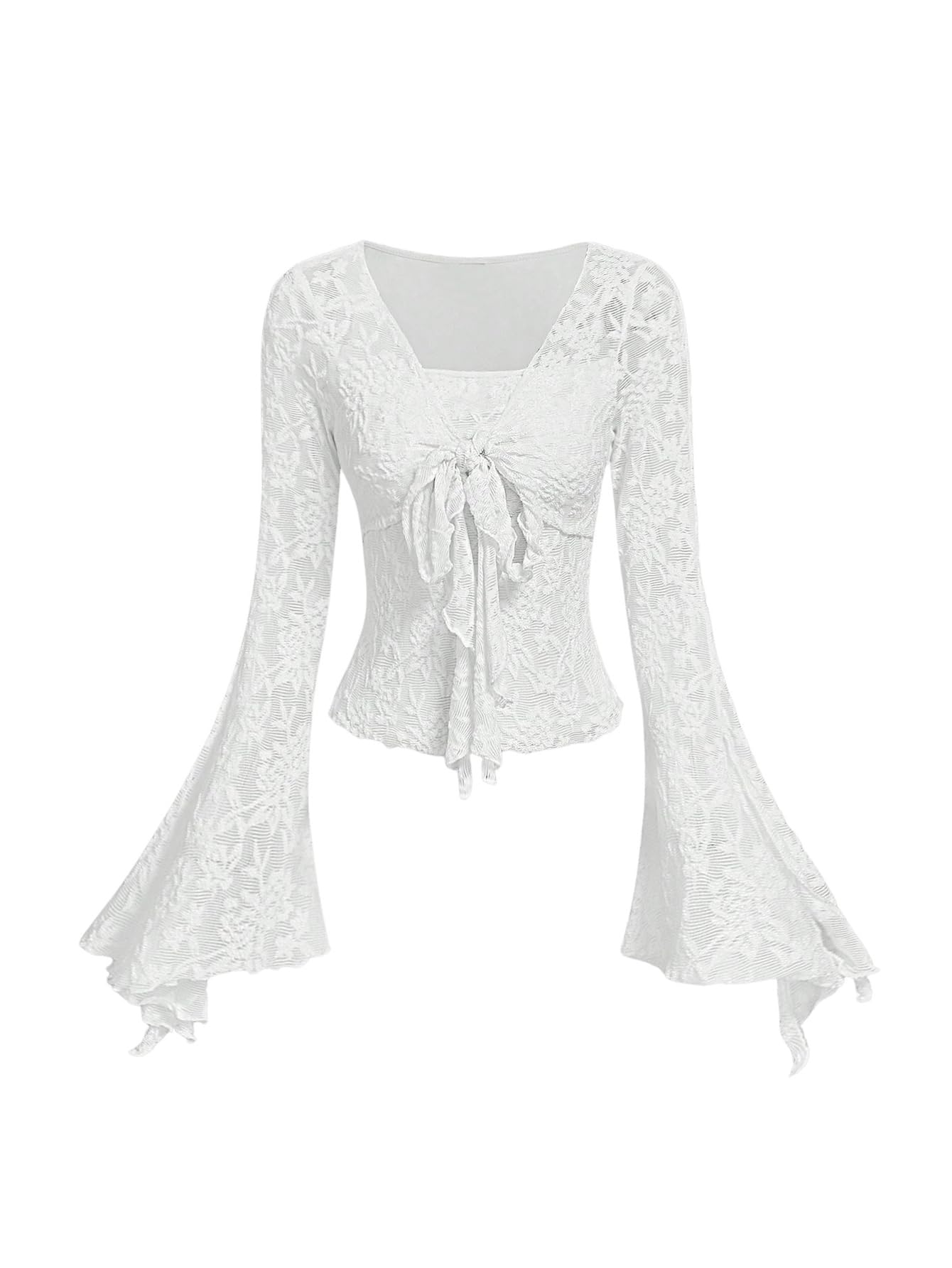 Verdusa Women's Y2K Tie Front Tops Bell Sleeve Floral Print Mesh Tops Long Sleeve Shirts 2000s Clothing