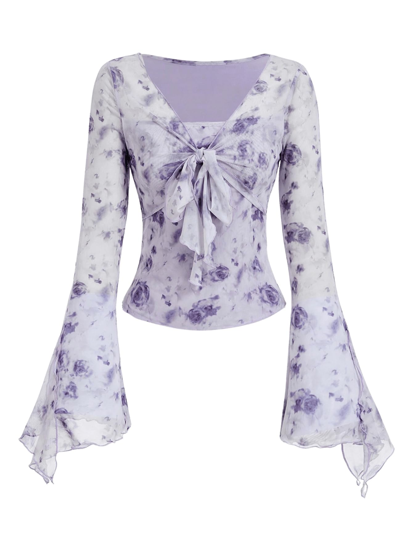 Verdusa Women's Y2K Tie Front Tops Bell Sleeve Floral Print Mesh Tops Long Sleeve Shirts 2000s Clothing