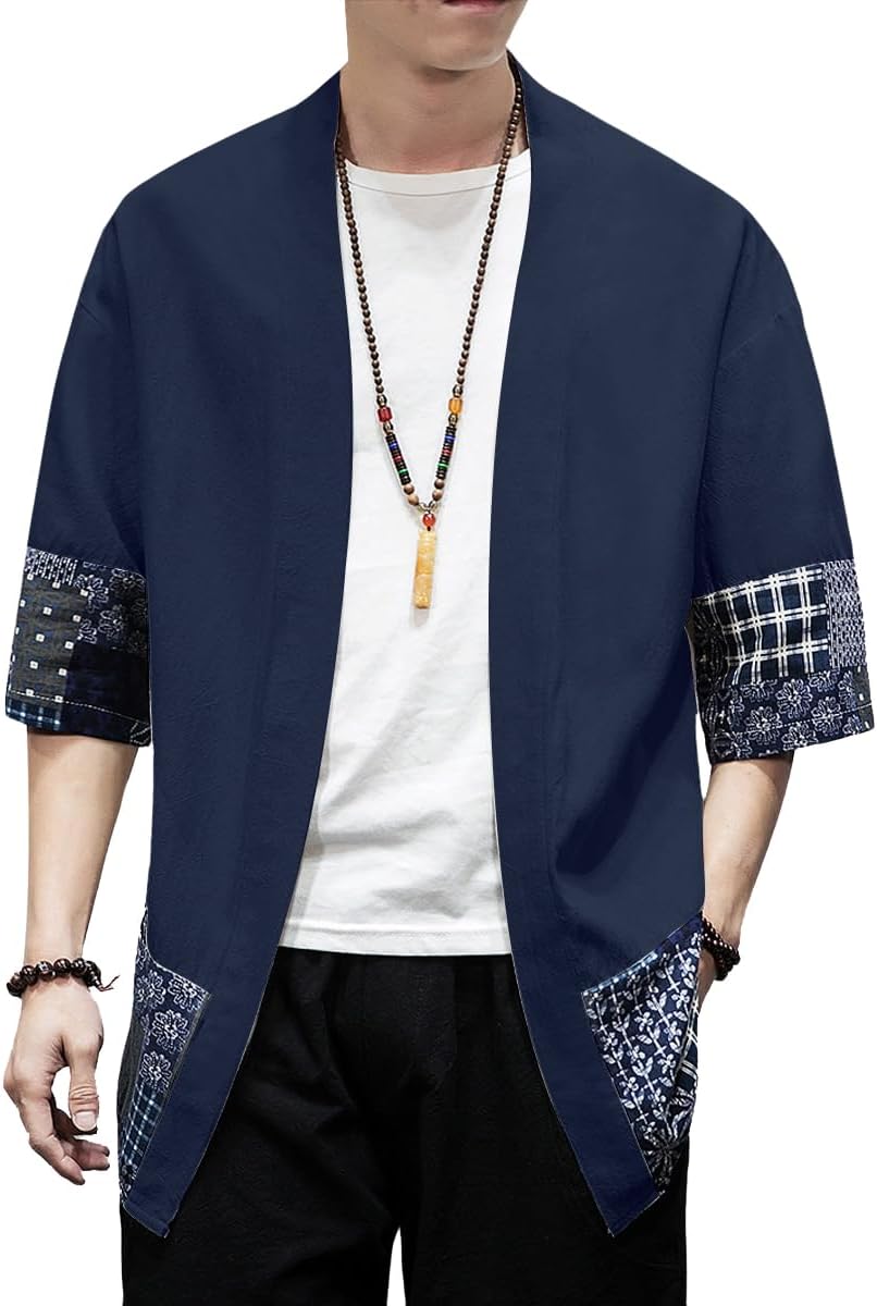 PRIJOUHE Men's Kimono Jackets Cardigan Lightweight Casual Cotton Blends Linen Seven Sleeves Open Front Coat Outwear