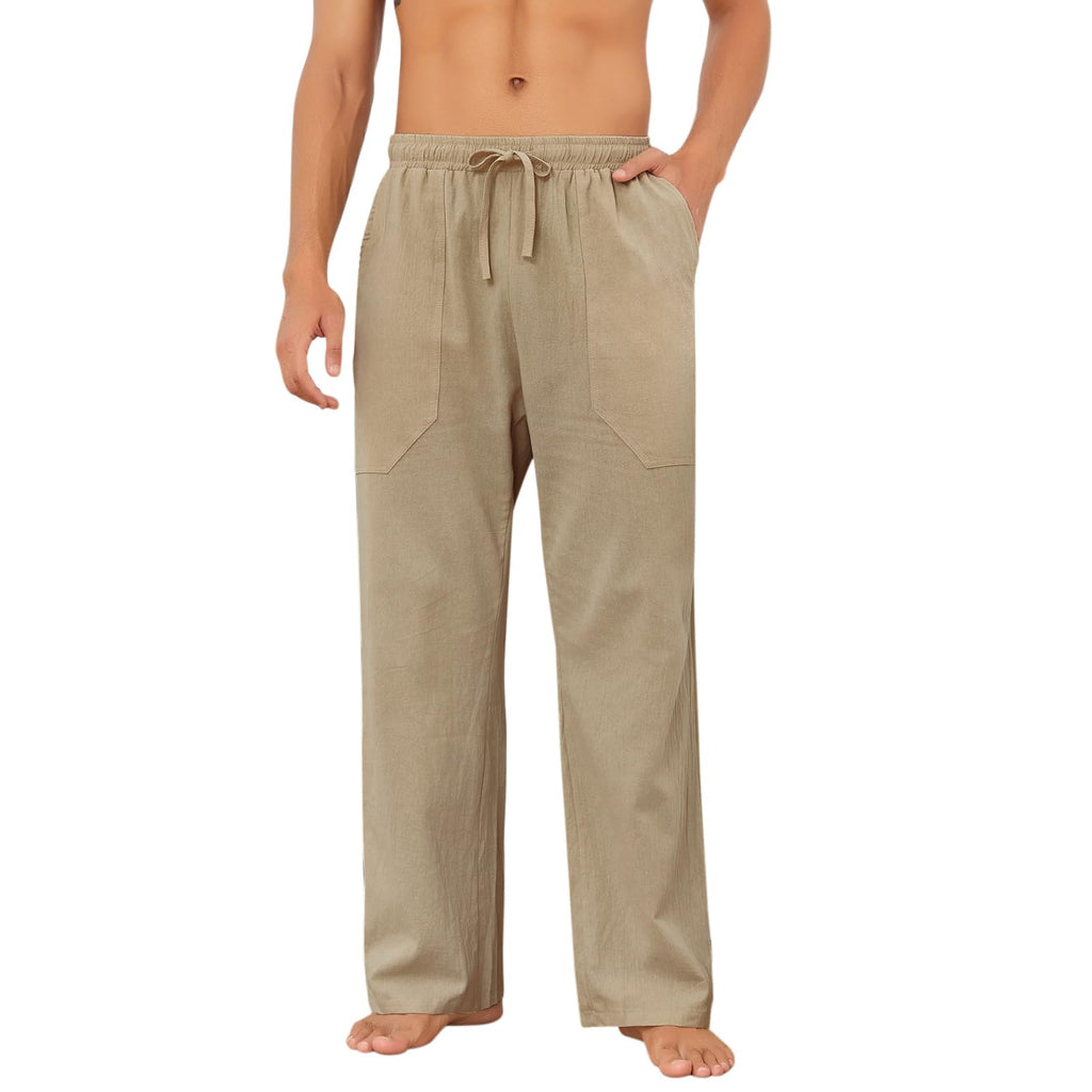 Puimentiua Cotton Linen Pants Men Casual Loose Fit Elastic Drawstring Waist Summer Beach Pants