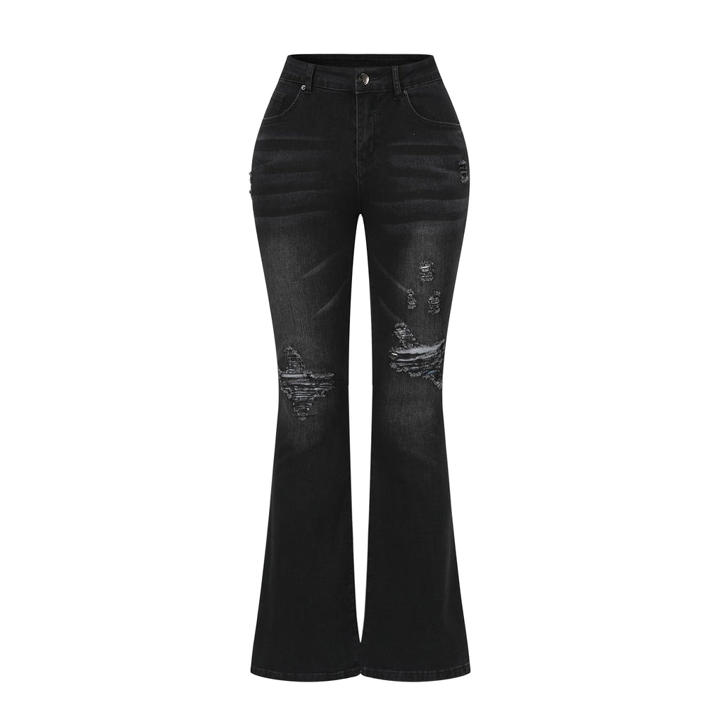 THUNDER STAR Womens Stretchy Mid Rise Flare Jeans Distressed Denim Bell Bottom Pants
