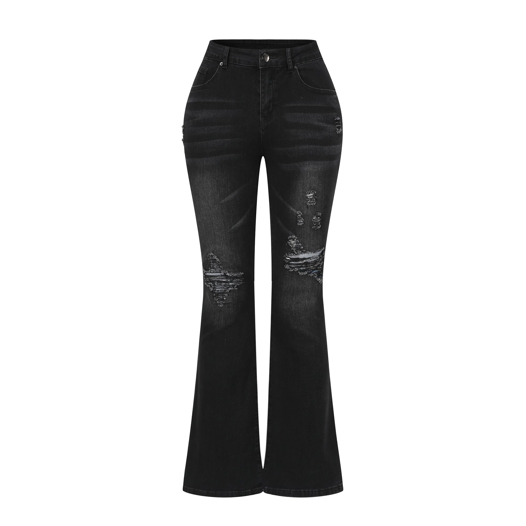 THUNDER STAR Womens Stretchy Mid Rise Flare Jeans Distressed Denim Bell Bottom Pants