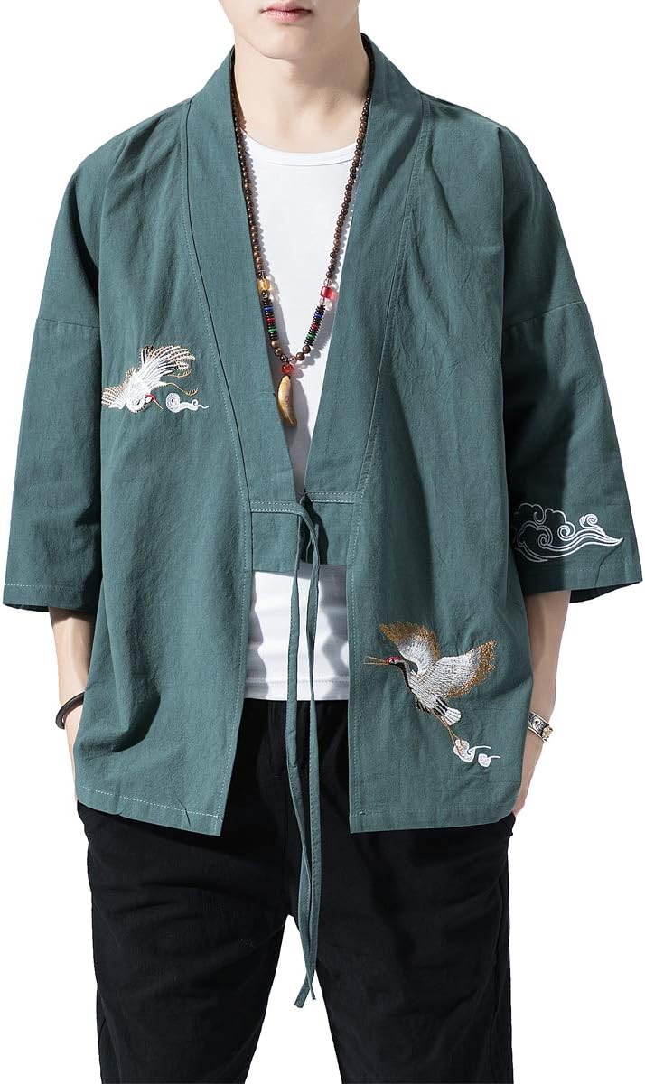 PRIJOUHE Men's Kimono Jackets Cardigan Lightweight Casual Cotton Blends Linen Seven Sleeves Open Front Coat Outwear