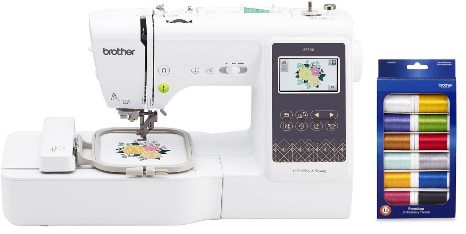 Brother SE700 Sewing and Embroidery Machine, Wireless LAN Connected, 135 Built-in Designs, 103 Built-in Stitches, Computerized, 4" x 4" Hoop Area, 3.7" Touchscreen Display, 8 Included Feet, White