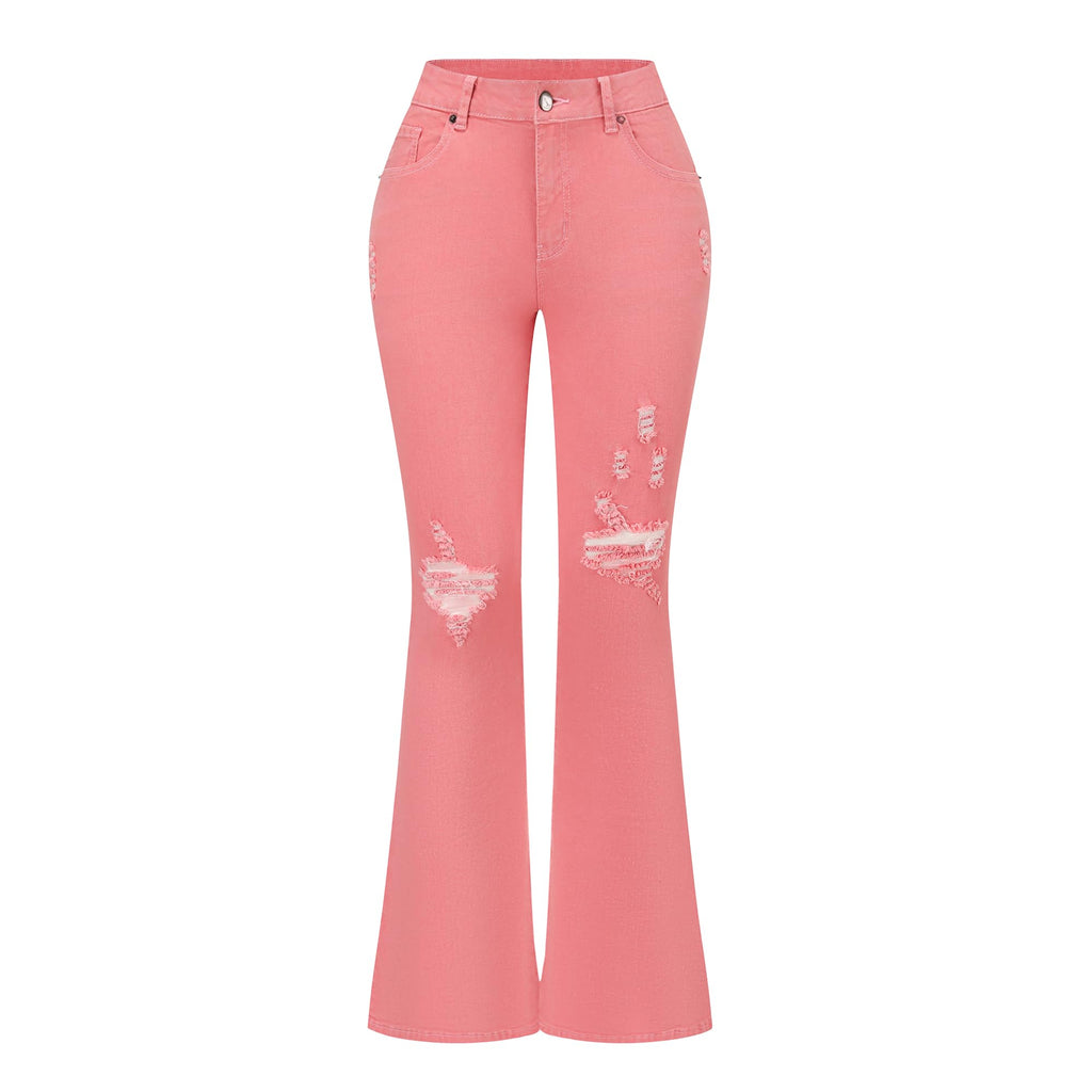 THUNDER STAR Womens Stretchy Mid Rise Flare Jeans Distressed Denim Bell Bottom Pants