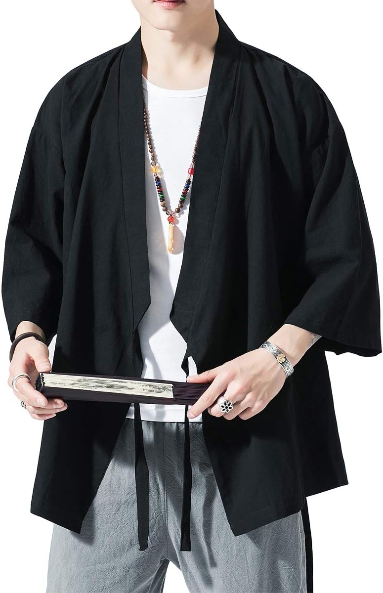 PRIJOUHE Men's Kimono Jackets Cardigan Lightweight Casual Cotton Blends Linen Seven Sleeves Open Front Coat Outwear