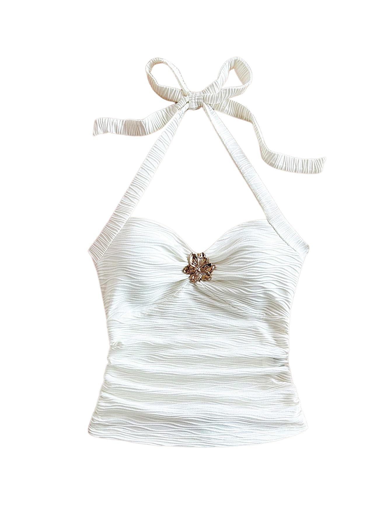 SOLY HUX Women's V Neck Halter Tops Open Back Y2k Ruched Floral Metal Summer Going Out Cami Tops