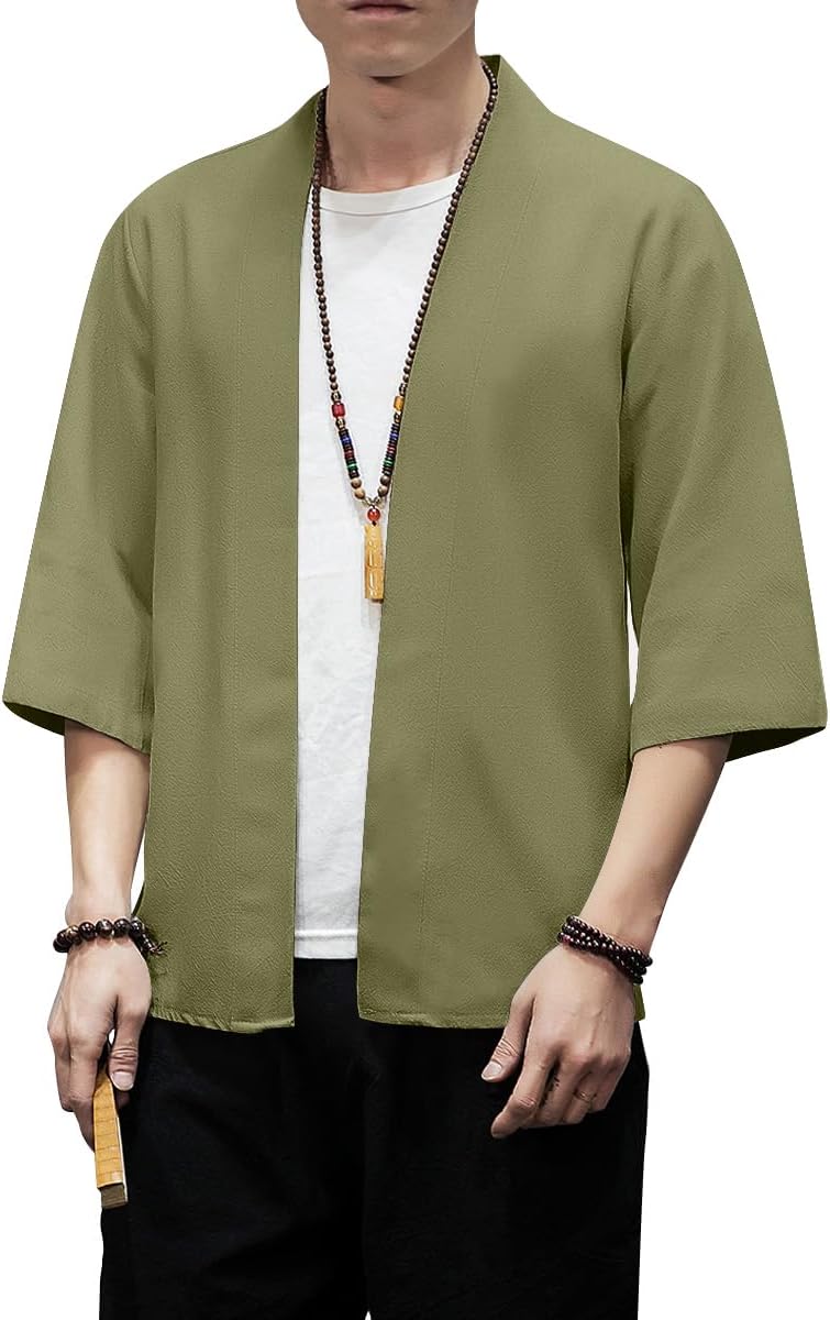 PRIJOUHE Men's Kimono Jackets Cardigan Lightweight Casual Cotton Blends Linen Seven Sleeves Open Front Coat Outwear