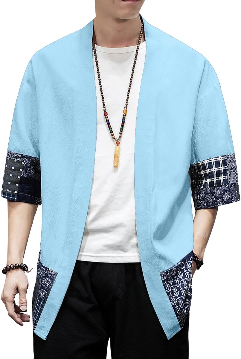 PRIJOUHE Men's Kimono Jackets Cardigan Lightweight Casual Cotton Blends Linen Seven Sleeves Open Front Coat Outwear