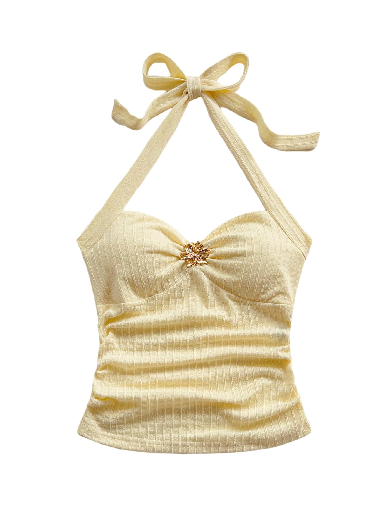 SOLY HUX Women's V Neck Halter Tops Open Back Y2k Ruched Floral Metal Summer Going Out Cami Tops