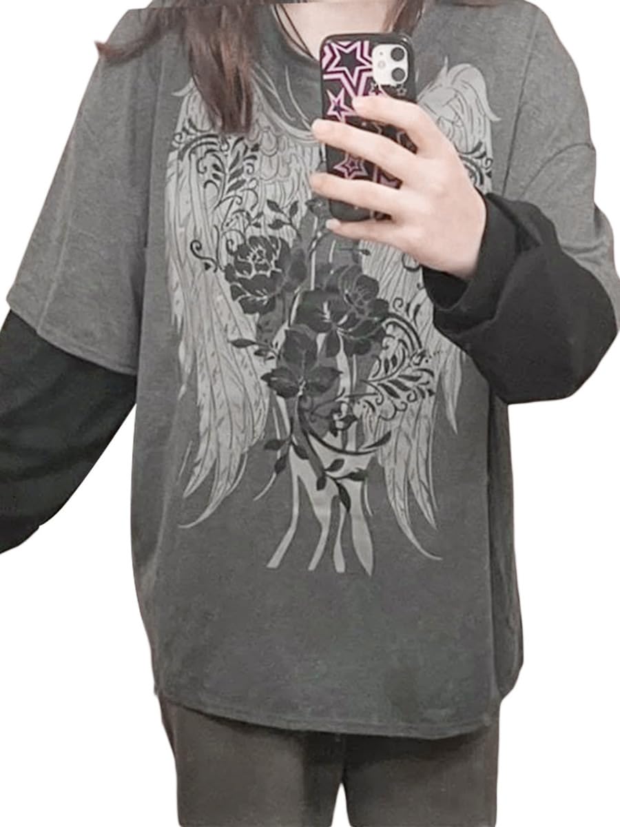 Goth Shirt Gothic Shirt Fake Two-Piece Alternative Clothing Goth Long Sleeve Top Grunge Clothes