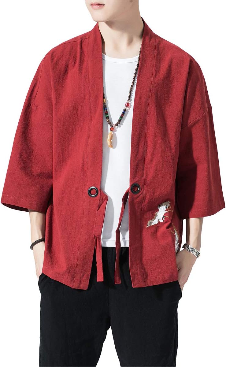 PRIJOUHE Men's Kimono Jackets Cardigan Lightweight Casual Cotton Blends Linen Seven Sleeves Open Front Coat Outwear