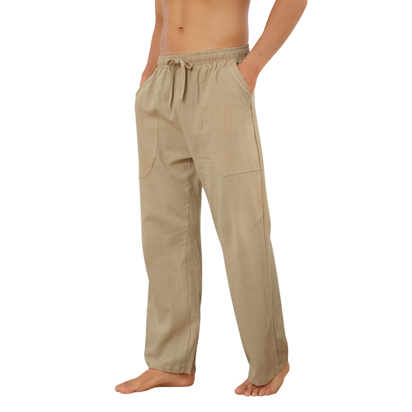 Puimentiua Cotton Linen Pants Men Casual Loose Fit Elastic Drawstring Waist Summer Beach Pants