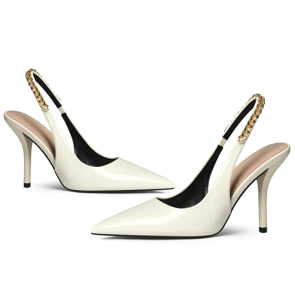 iiimmu Women's Stiletto Heels Closed Pointed Toe 4 in Heels for Women Patent Leather Pumps with Chain Wedding Party Dress Prom Heels Slingback Pumps