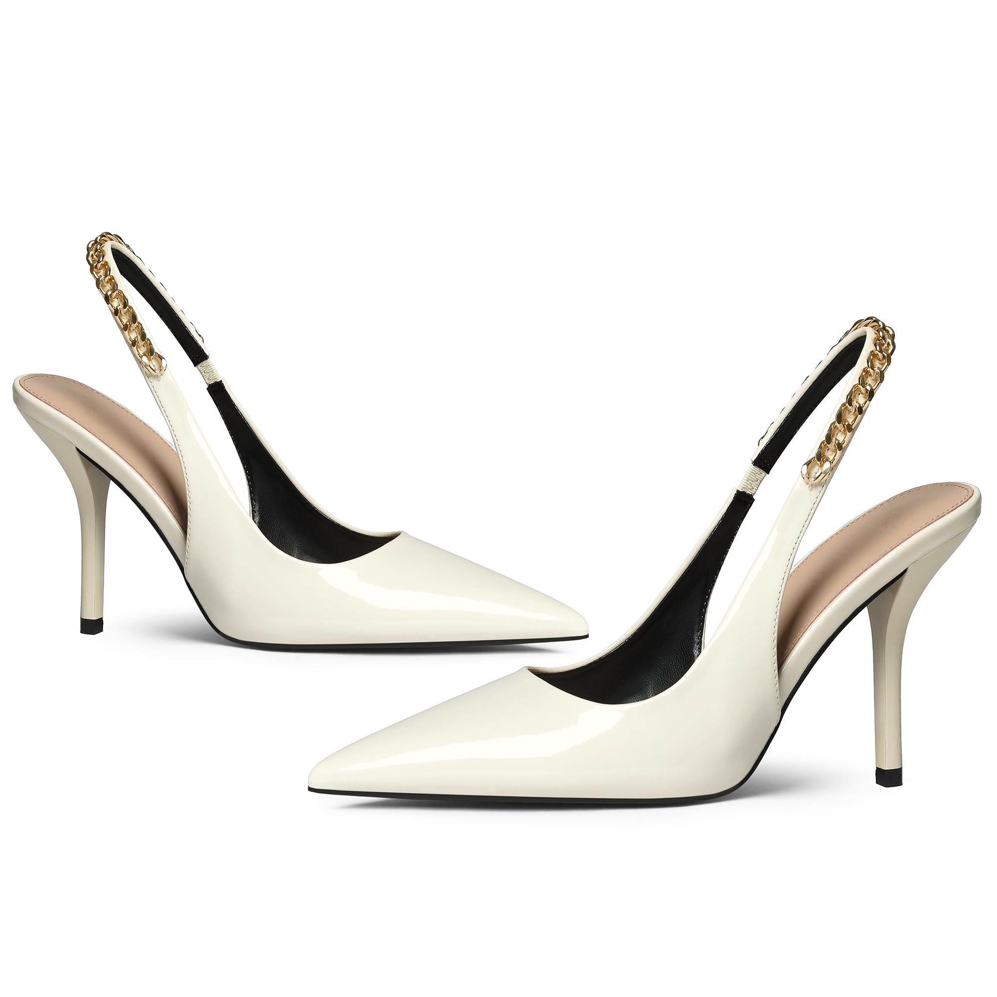 iiimmu Women's Stiletto Heels Closed Pointed Toe 4 in Heels for Women Patent Leather Pumps with Chain Wedding Party Dress Prom Heels Slingback Pumps