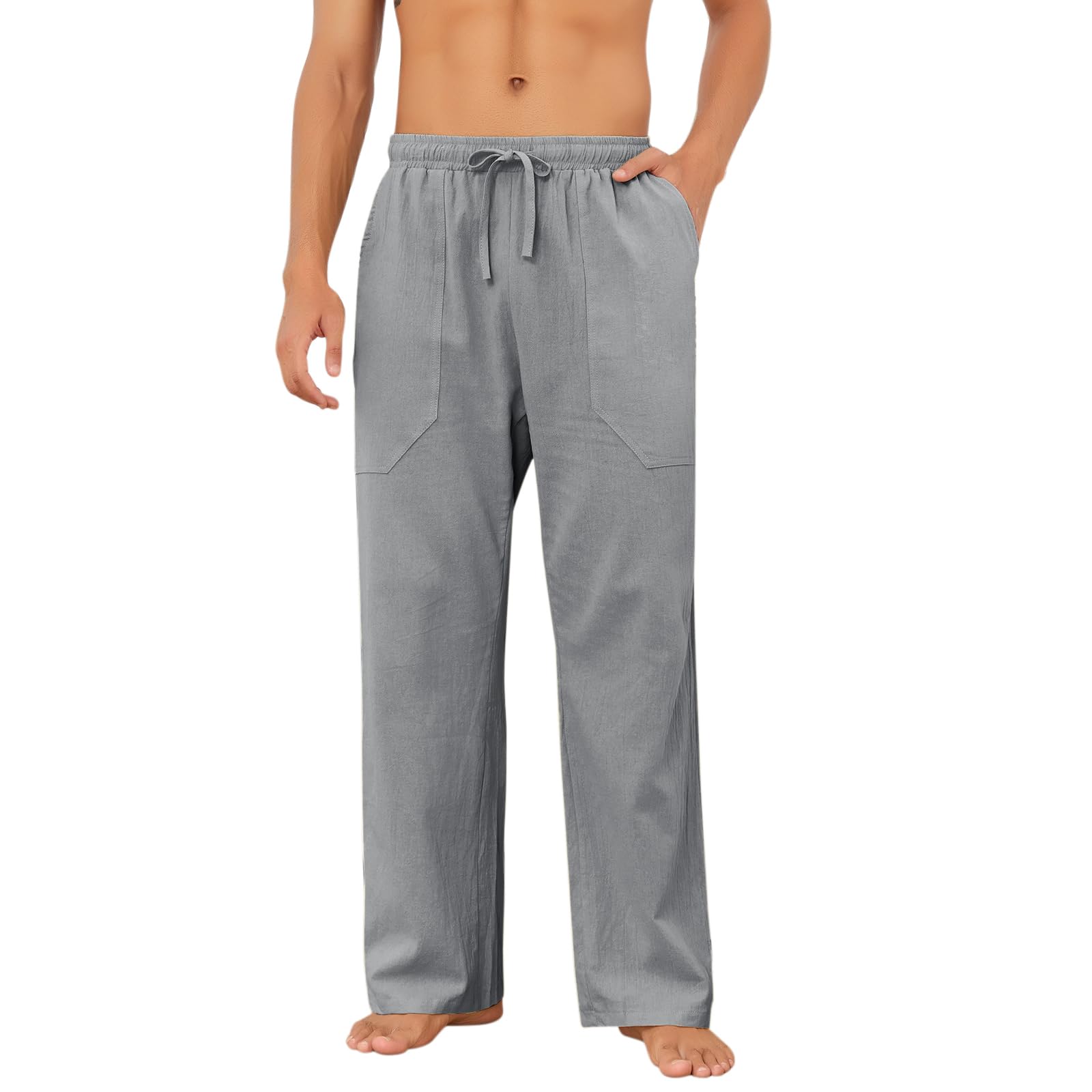 Puimentiua Cotton Linen Pants Men Casual Loose Fit Elastic Drawstring Waist Summer Beach Pants