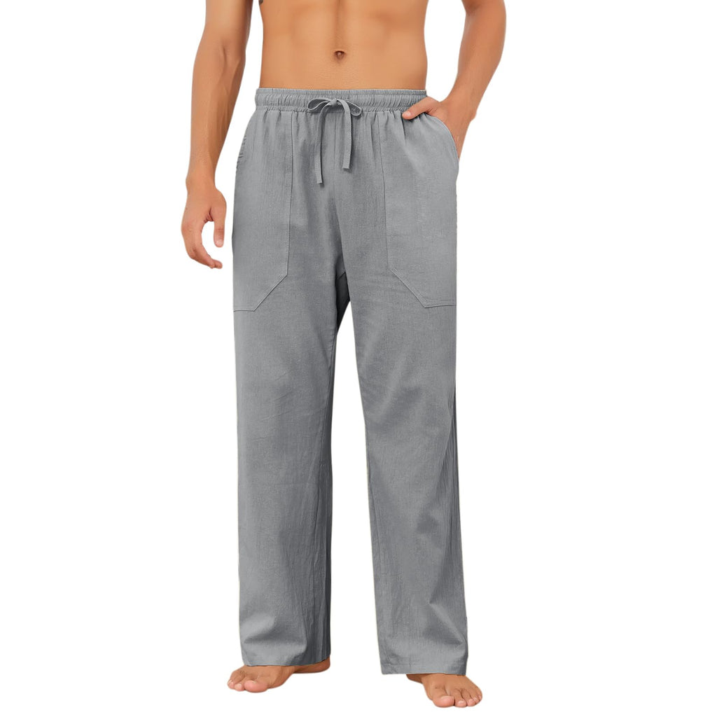 Puimentiua Cotton Linen Pants Men Casual Loose Fit Elastic Drawstring Waist Summer Beach Pants