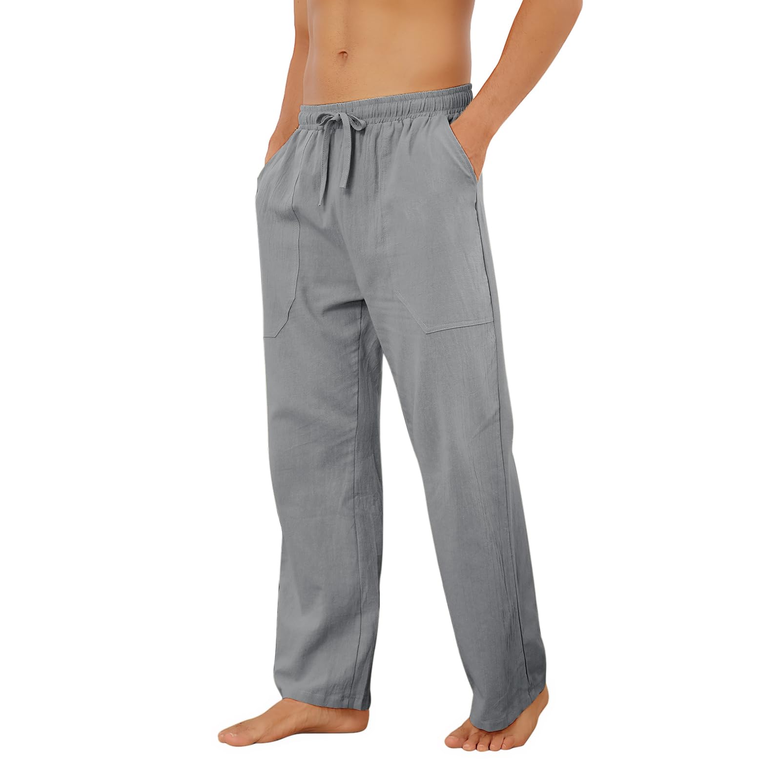 Puimentiua Cotton Linen Pants Men Casual Loose Fit Elastic Drawstring Waist Summer Beach Pants