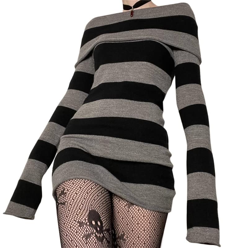 SOLILOQUY Women Gothic Dress Punk Off Shoulder Striped Knit Dress Y2k Fairy Grunge Dress Halloween Dark Academia Clothes