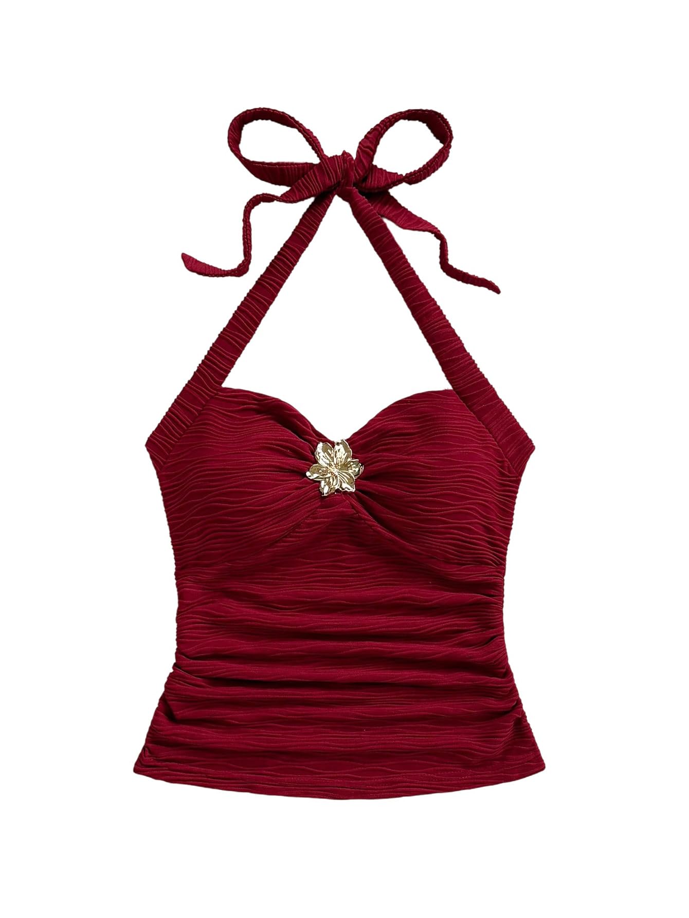 SOLY HUX Women's V Neck Halter Tops Open Back Y2k Ruched Floral Metal Summer Going Out Cami Tops