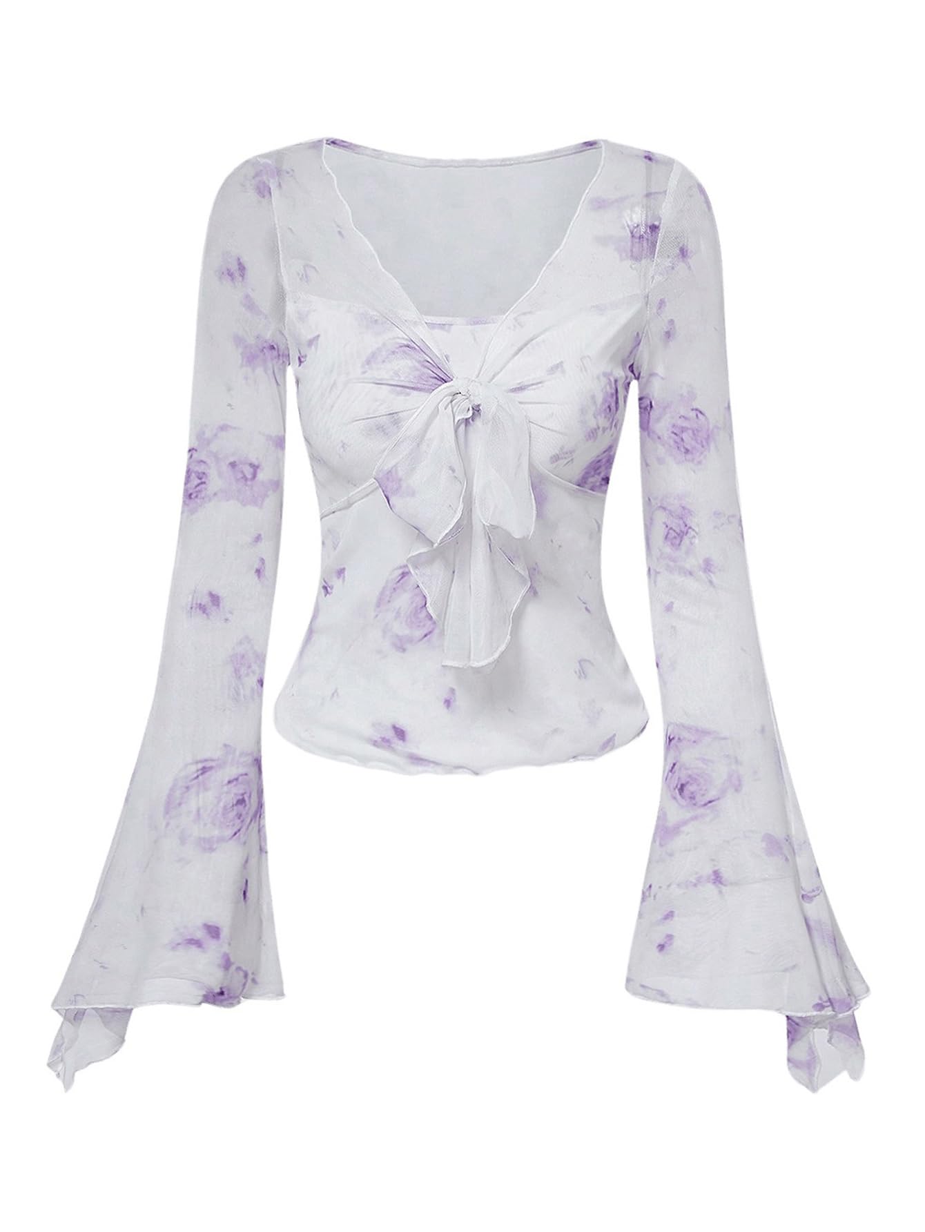 Verdusa Women's Y2K Tie Front Tops Bell Sleeve Floral Print Mesh Tops Long Sleeve Shirts 2000s Clothing