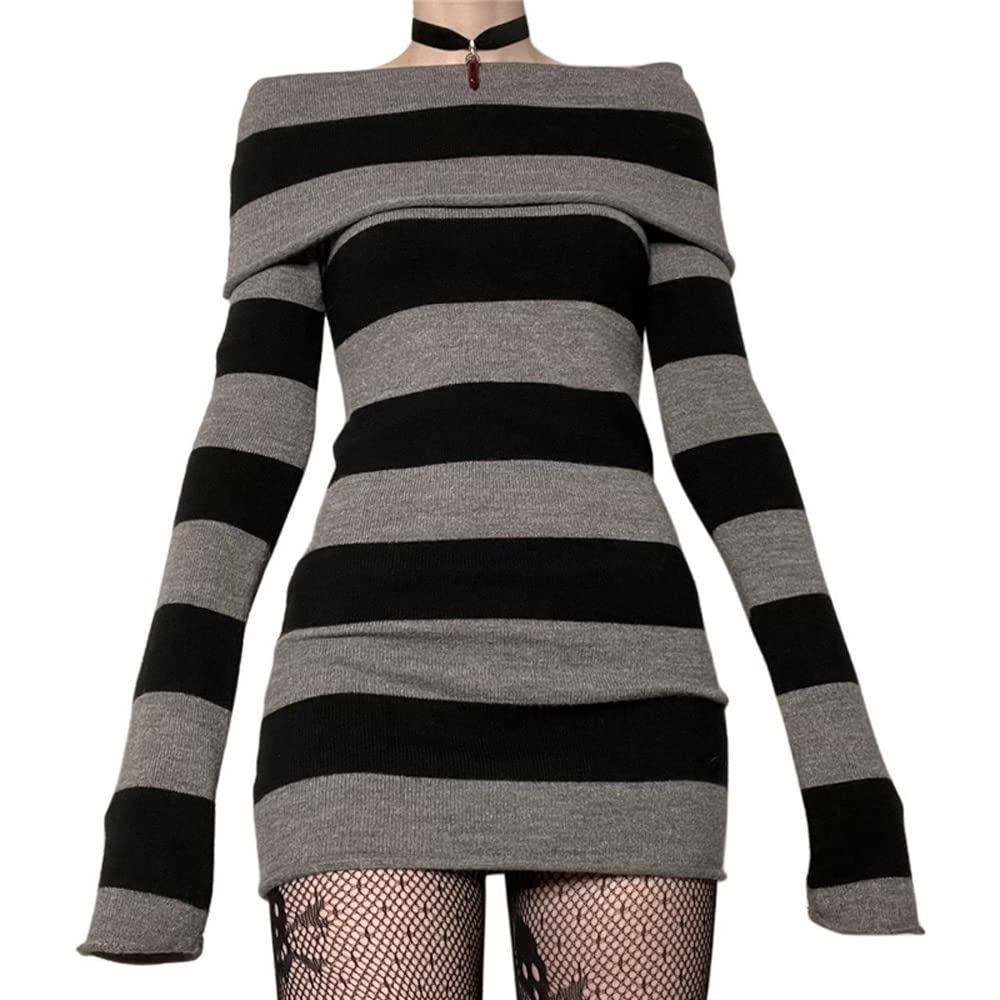 SOLILOQUY Women Gothic Dress Punk Off Shoulder Striped Knit Dress Y2k Fairy Grunge Dress Halloween Dark Academia Clothes