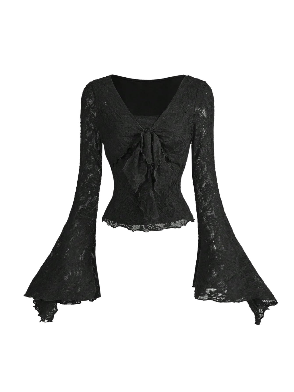 Verdusa Women's Y2K Tie Front Tops Bell Sleeve Floral Print Mesh Tops Long Sleeve Shirts 2000s Clothing