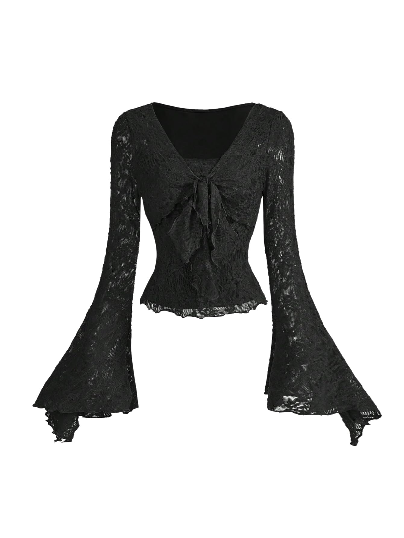 Verdusa Women's Y2K Tie Front Tops Bell Sleeve Floral Print Mesh Tops Long Sleeve Shirts 2000s Clothing