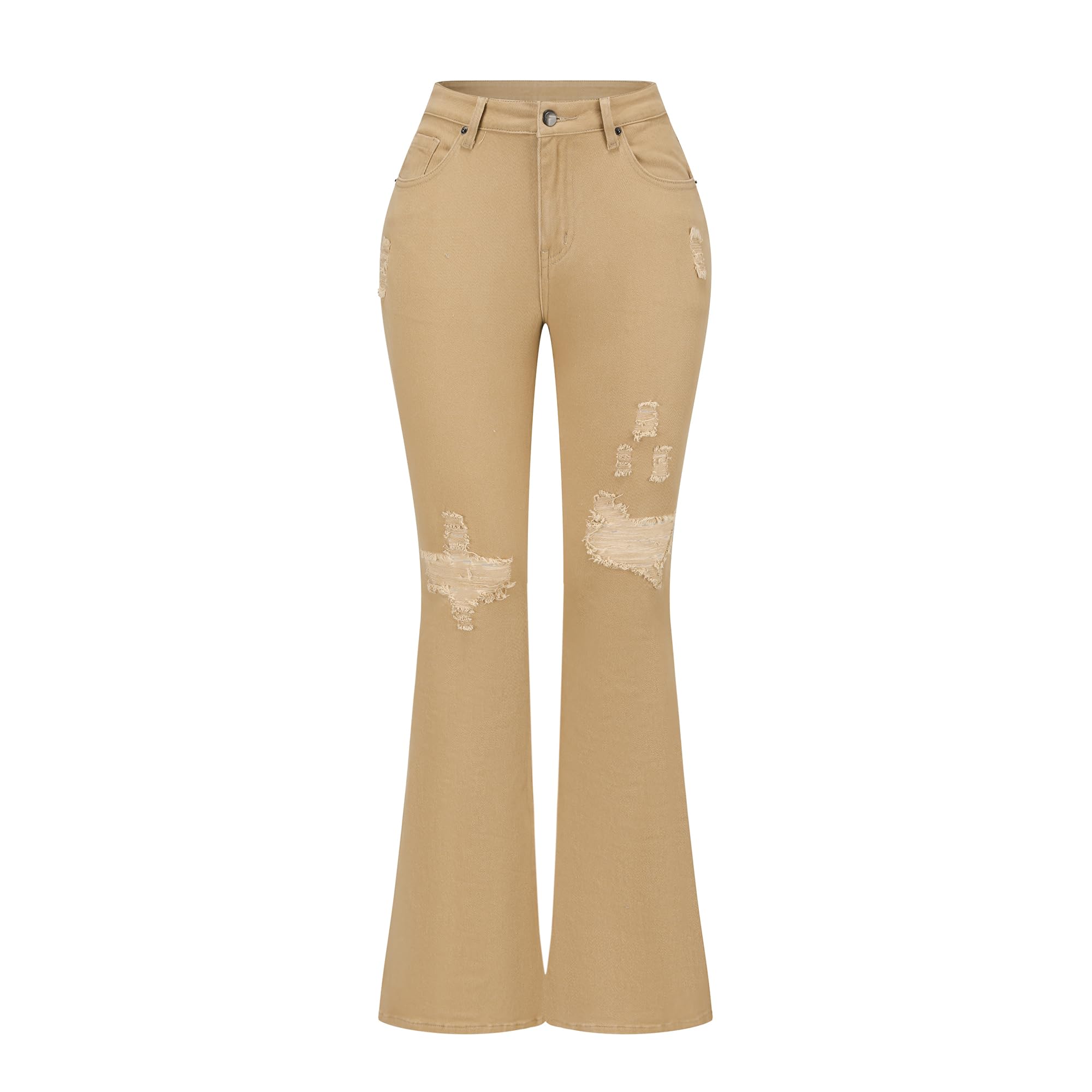 THUNDER STAR Womens Stretchy Mid Rise Flare Jeans Distressed Denim Bell Bottom Pants