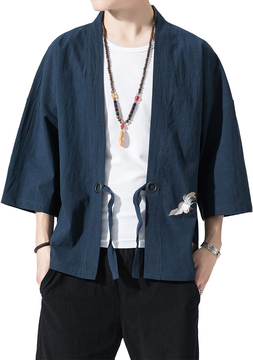 PRIJOUHE Men's Kimono Jackets Cardigan Lightweight Casual Cotton Blends Linen Seven Sleeves Open Front Coat Outwear