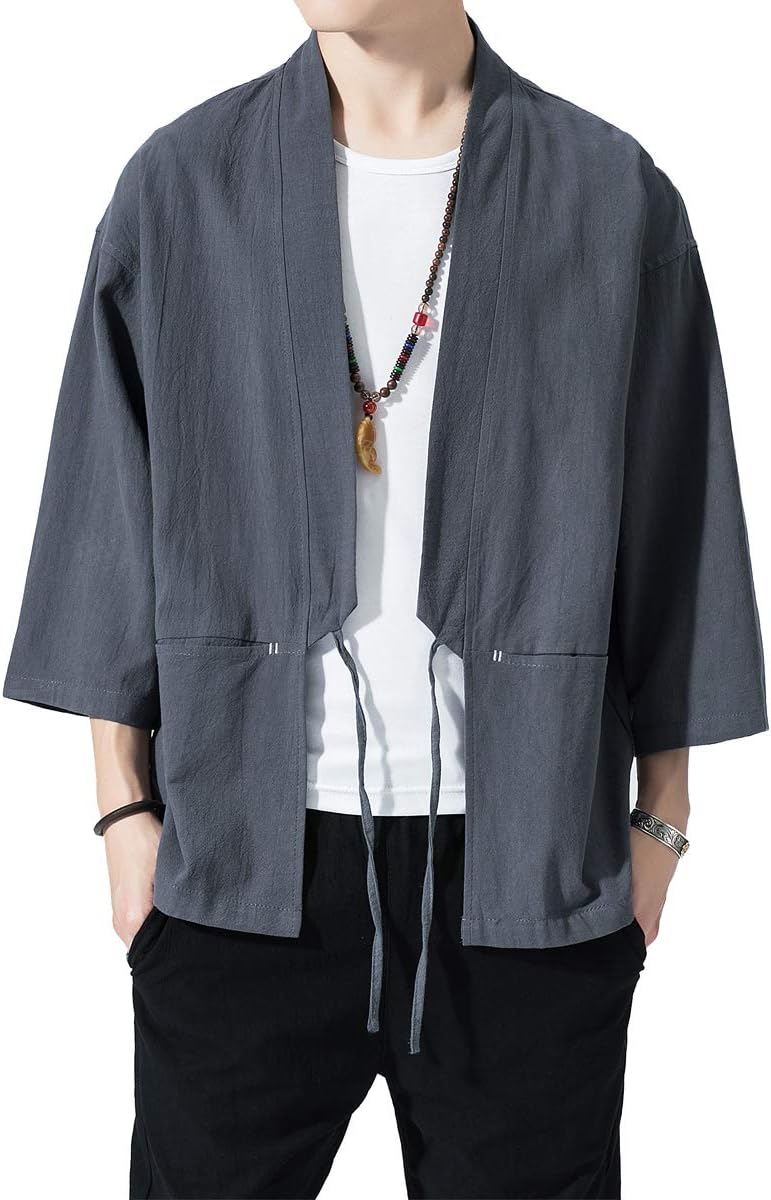 PRIJOUHE Men's Kimono Jackets Cardigan Lightweight Casual Cotton Blends Linen Seven Sleeves Open Front Coat Outwear