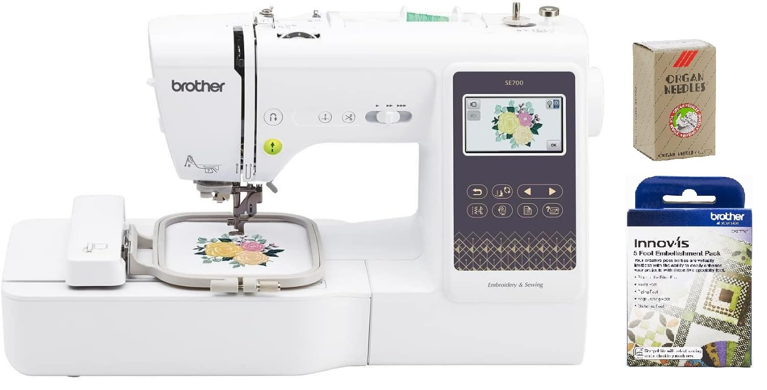Brother SE700 Sewing and Embroidery Machine, Wireless LAN Connected, 135 Built-in Designs, 103 Built-in Stitches, Computerized, 4" x 4" Hoop Area, 3.7" Touchscreen Display, 8 Included Feet, White