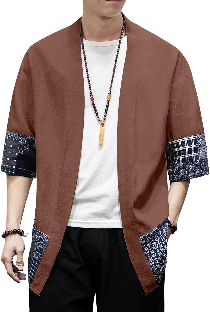 PRIJOUHE Men's Kimono Jackets Cardigan Lightweight Casual Cotton Blends Linen Seven Sleeves Open Front Coat Outwear