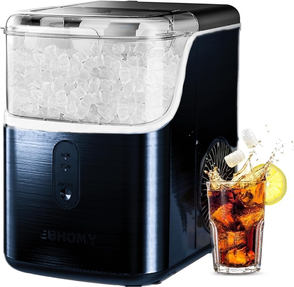 EUHOMY Nugget Ice Makers for Countertop with Ice Scoop & Basket, Self-Cleaning Sonic Pebble/Pellet Ice Maker Machine with 35lbs/24H Soft Ice for Home/Kitchen/Office, Stainless Steel, Silver