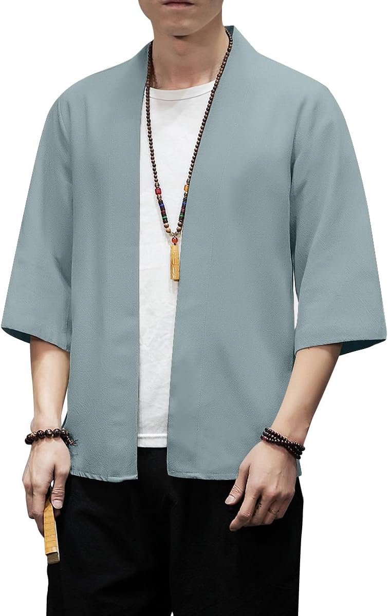 PRIJOUHE Men's Kimono Jackets Cardigan Lightweight Casual Cotton Blends Linen Seven Sleeves Open Front Coat Outwear