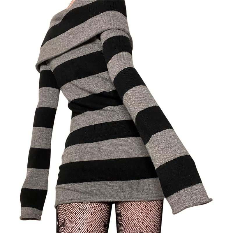 SOLILOQUY Women Gothic Dress Punk Off Shoulder Striped Knit Dress Y2k Fairy Grunge Dress Halloween Dark Academia Clothes