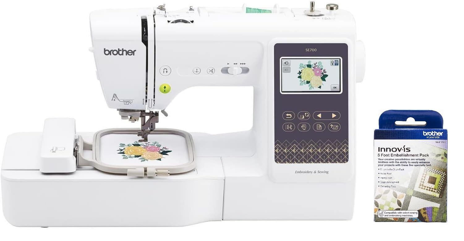 Brother SE700 Sewing and Embroidery Machine, Wireless LAN Connected, 135 Built-in Designs, 103 Built-in Stitches, Computerized, 4" x 4" Hoop Area, 3.7" Touchscreen Display, 8 Included Feet, White