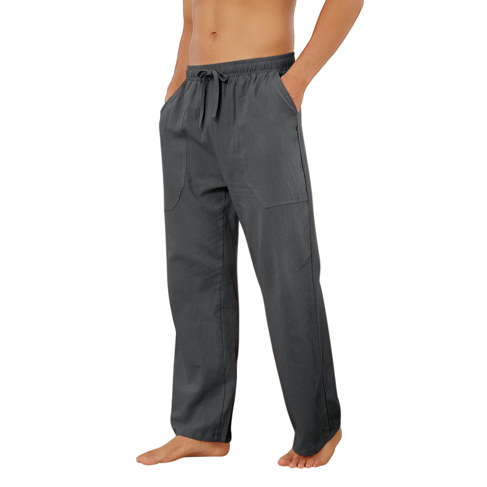 Puimentiua Cotton Linen Pants Men Casual Loose Fit Elastic Drawstring Waist Summer Beach Pants