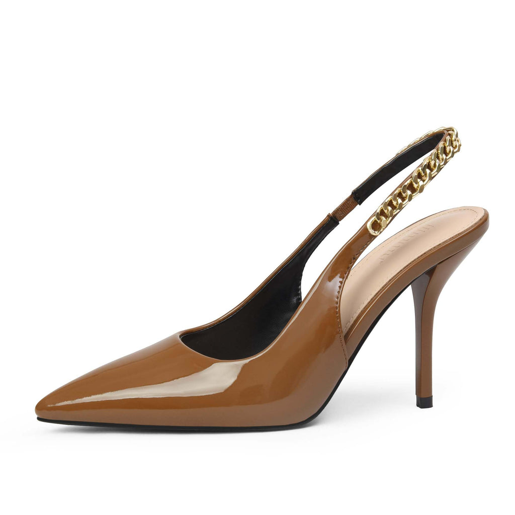 iiimmu Women's Stiletto Heels Closed Pointed Toe 4 in Heels for Women Patent Leather Pumps with Chain Wedding Party Dress Prom Heels Slingback Pumps